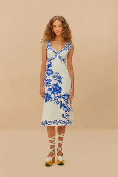 Farm Rio Active Off-white Floral Cascade Wavy Midi Dress In Blue Floral Cascade Off-white