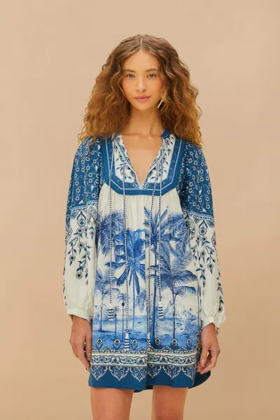 Farm Rio Active Off-white Palm Tree Beach Mini Dress In Palm Tree Beach Off-white