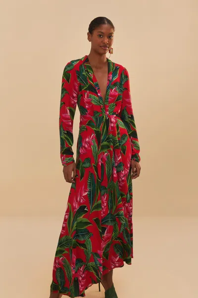 Farm Rio Active Red Dream Garden Long Sleeve Maxi Dress In Dream Garden Red