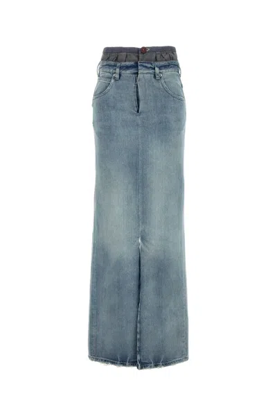 Maison Margiela Light Blue Long Skirt With Front Slit And Five Pocket Design In Denim Woman