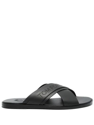 Shop Tom Ford Preston Logo-perforated Slides Shoes In Black