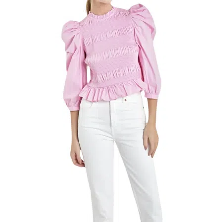 English Factory Smocked Puff Shoulder Poplin Top In Pink