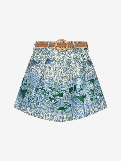 Zimmermann Ottie Belted Pleated Printed Linen Shorts In Green Paisley