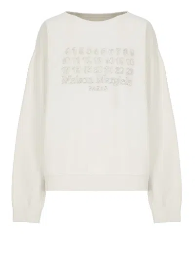 Maison Margiela Crewneck Sweatshirt With Topstitched Log In Beige
