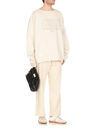 Maison Margiela Crewneck Sweatshirt With Topstitched Log In Beige