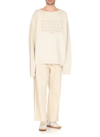 Maison Margiela Crewneck Sweatshirt With Topstitched Log In Beige