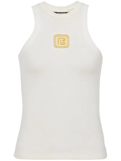 Balmain Beige Embroidered Logo Cotton Blend Top