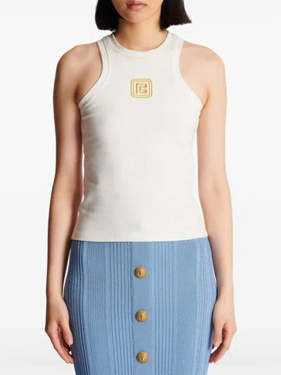 Balmain Beige Embroidered Logo Cotton Blend Top