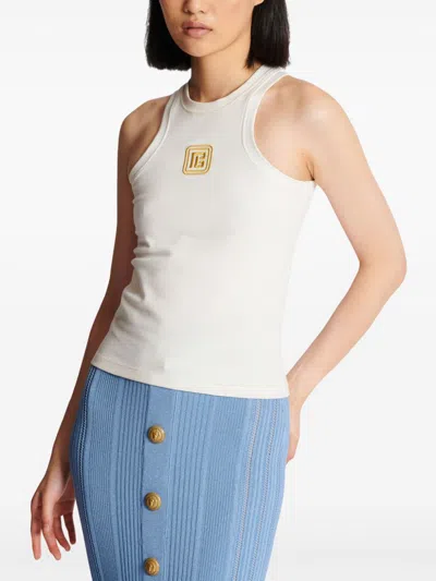 Balmain Beige Embroidered Logo Cotton Blend Top