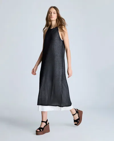 Kenneth Cole Double Layer Mixed Yarn Two-color Sheer Dress In Black,pure White