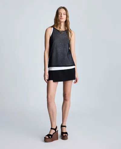 Kenneth Cole Double Layer Mixed Yarn Two-color Sheer Tank In Black,pure White