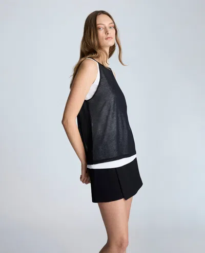 Kenneth Cole Double Layer Mixed Yarn Two-color Sheer Tank In Black,pure White