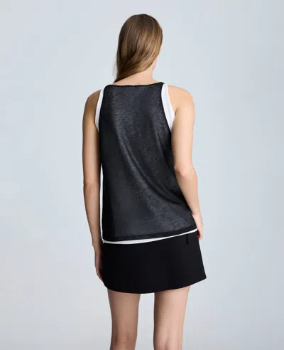 Kenneth Cole Double Layer Mixed Yarn Two-color Sheer Tank In Black,pure White