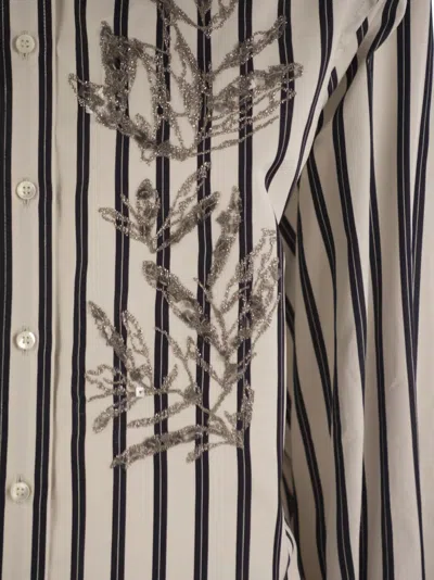 Brunello Cucinelli White Shirt With Floral Embroidery On The Front And All-over Striped Motif