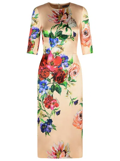 Dolce & Gabbana Women Satin Dress With Iconic Floral Print In Beige