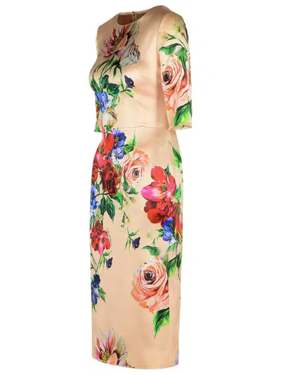 Dolce & Gabbana Women Satin Dress With Iconic Floral Print In Beige