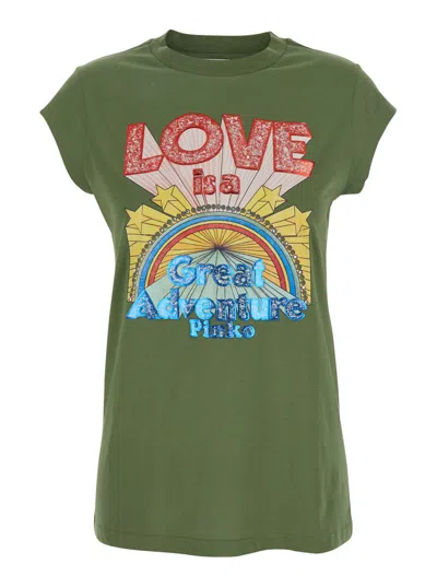 Pinko Green T-shirt With Graphic Print On The Front In Cotton Woman In Green