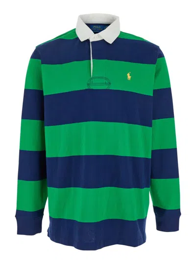Polo Ralph Lauren Striped Long Sleeve Polo With Half Button Placket In Green