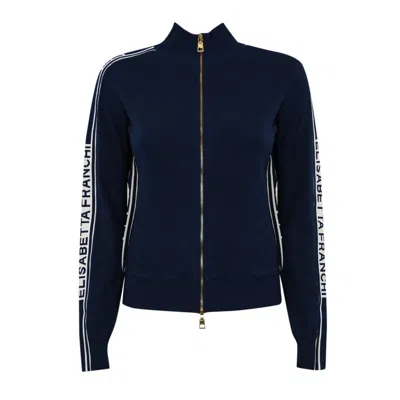 Elisabetta Franchi Viscose Knit Cardigan With Logo Bands In Oltremare Avorio