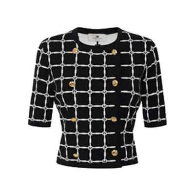 Elisabetta Franchi T-shirt With Geometric Pattern And Gold Buttons In Nero Burro
