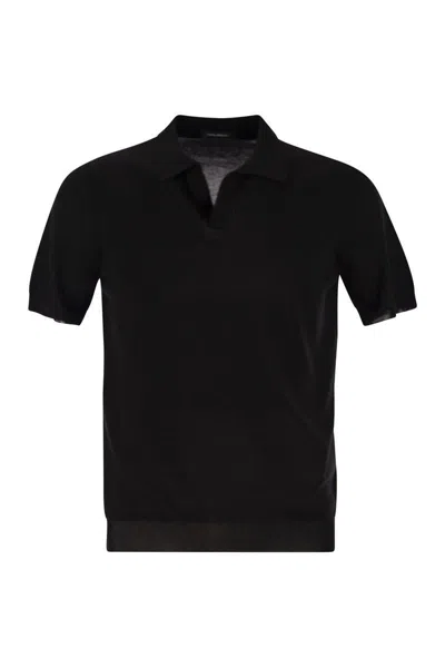 Tagliatore Black Knitted Polo Shirt With Polo Style Collar And Short Sleeves In Black