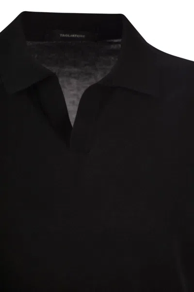 Tagliatore Black Knitted Polo Shirt With Polo Style Collar And Short Sleeves In Black