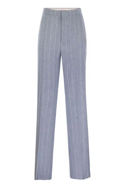 Tagliatore Women Pinstripe Trousers In Linen And Stretch Cotton In Blue