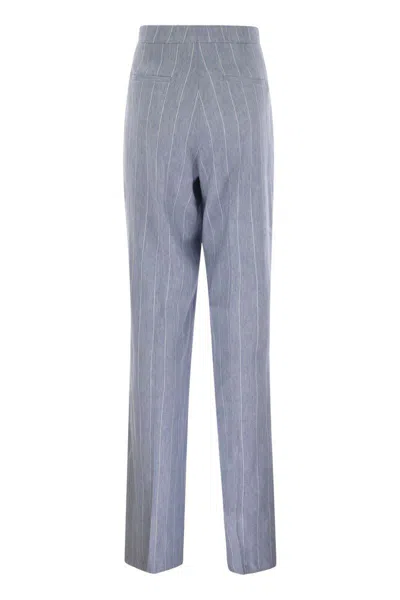 Tagliatore Women Pinstripe Trousers In Linen And Stretch Cotton In Blue