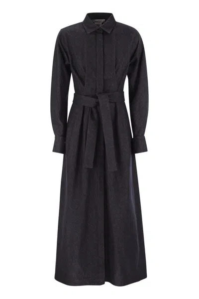 Max Mara Go Belted Waist Midi Dress With Long Sleeves In Night Blue