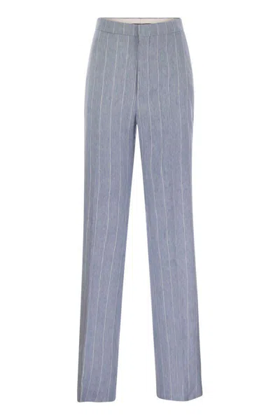 Tagliatore Women Pinstripe Trousers In Linen And Stretch Cotton In Blue