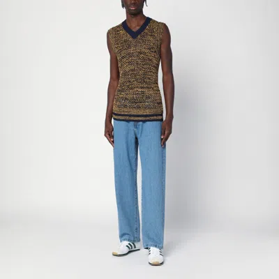 Wales Bonner Navy Blue/yellow Textured Vest In A Cotton Blend In Blue
