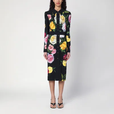 Dolce & Gabbana Calf-length Cady Shirt Dress With Peony And Rose Print In Red