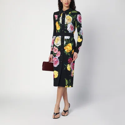 Dolce & Gabbana Calf-length Cady Shirt Dress With Peony And Rose Print In Red