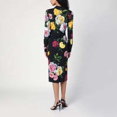 Dolce & Gabbana Calf-length Cady Shirt Dress With Peony And Rose Print In Red