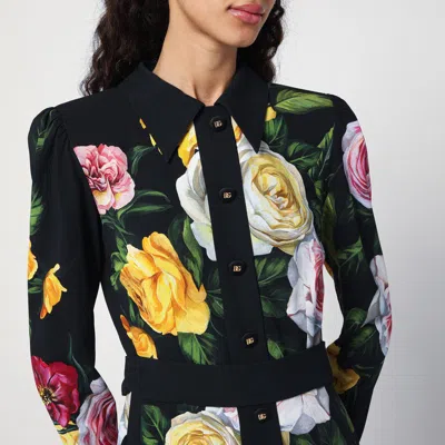 Dolce & Gabbana Calf-length Cady Shirt Dress With Peony And Rose Print In Red