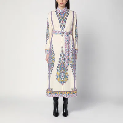 Etro Cotton Poplin Maxi Dress With Paisley Medallion And Contrasting Belt In Blue