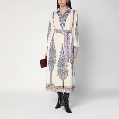 Etro Cotton Poplin Maxi Dress With Paisley Medallion And Contrasting Belt In Blue