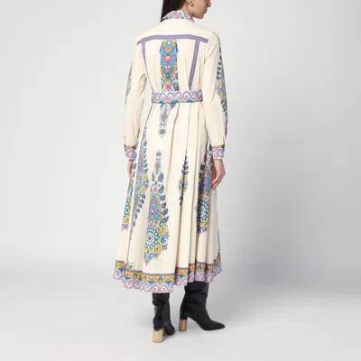 Etro Cotton Poplin Maxi Dress With Paisley Medallion And Contrasting Belt In Blue