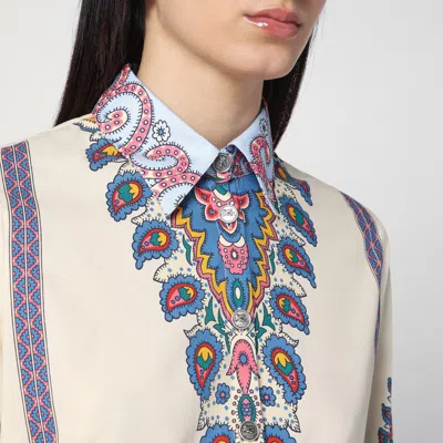 Etro Cotton Poplin Maxi Dress With Paisley Medallion And Contrasting Belt In Blue