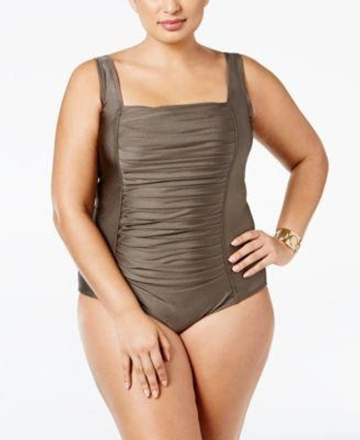 Shop Calvin Klein Plus Size Pleated One-piece Swimsuit In Bronze