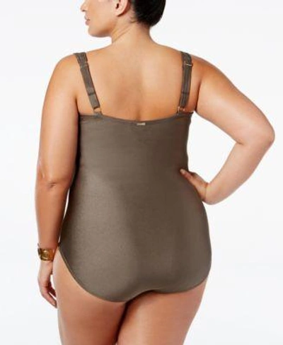 Shop Calvin Klein Plus Size Pleated One-piece Swimsuit In Bronze