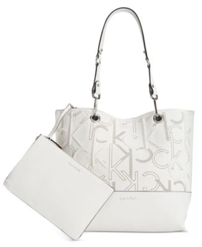 Calvin Klein Sonoma Embossed Monogram Reversible Tote With Pouch In White/grey