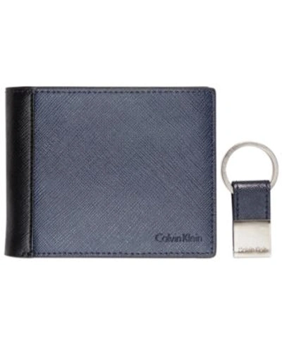 Calvin Klein Men's  Saffiano Leather Two-tone Bifold Wallet & Key Fob In Navy/black