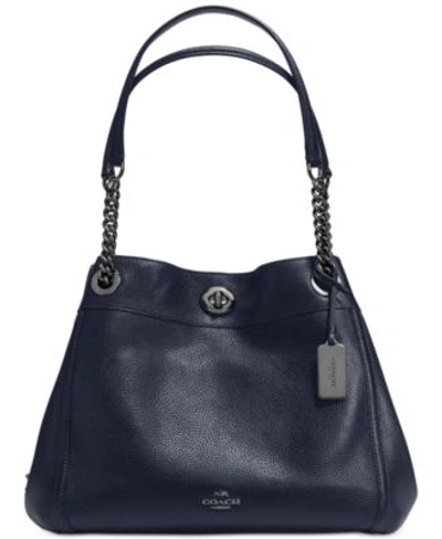 Shop Coach Turnlock Edie Shoulder Bag In Pebble Leather In Dark Antique Nickel/navy
