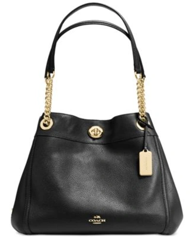 Shop Coach Turnlock Edie Shoulder Bag In Pebble Leather In Light Gold/black