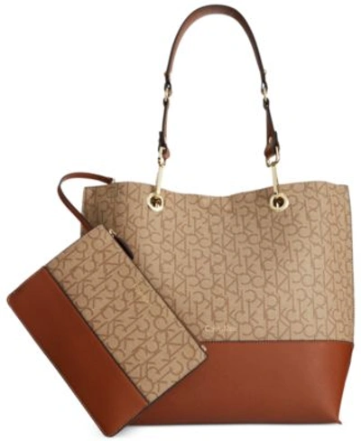 Shop Calvin Klein Signature Reversible Tote With Pouch In Khaki/brown/luggage