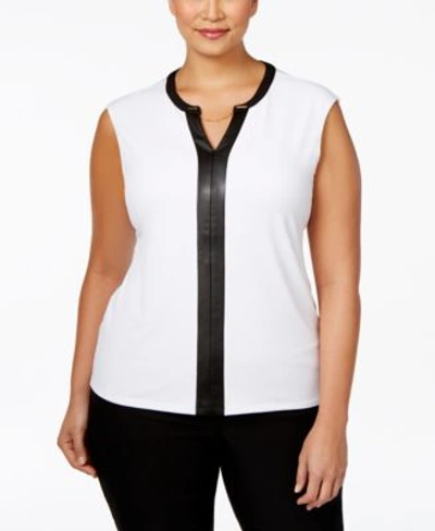 Shop Calvin Klein Plus Size Faux Leather-trim Cap-sleeve Top In White