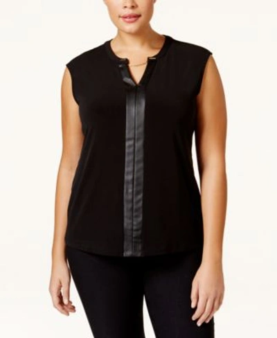 Shop Calvin Klein Plus Size Faux Leather-trim Cap-sleeve Top In Black