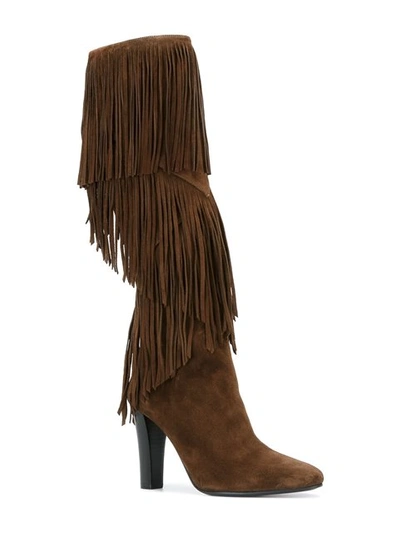 Saint Laurent Suede Lily Fringe Boots In Coffy