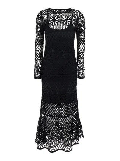 Pinko Ortles Black Crewneck Long Dress With Fishnet Design And All-over Floral Embroidery In Viscose Blend In Black